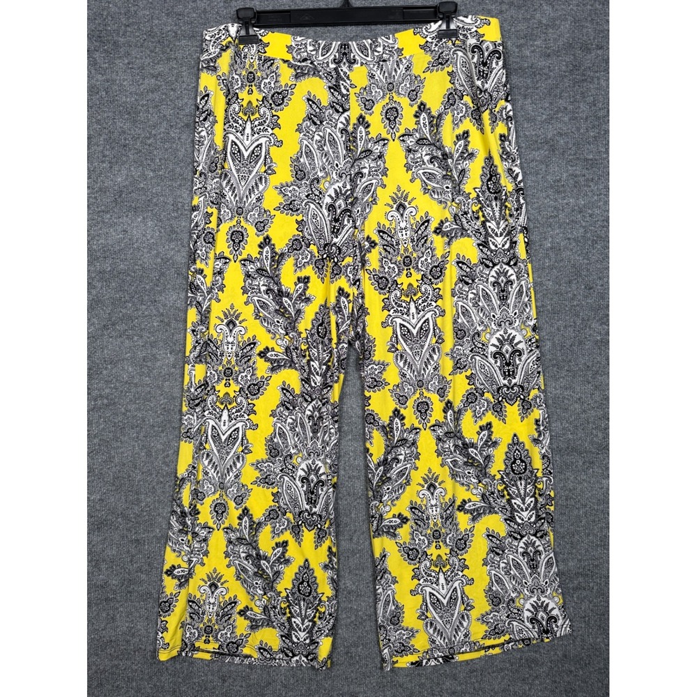 Cato Plus Sz 18/20W Wide Leg Pants Yellow Paisley Floral Palazzo Pull On Stretch